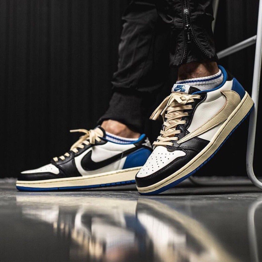 Giày Sneaker Jordan 1 Low x Travis Scott x Fragment Blue Royal Xanh Lam Box Nhựa.