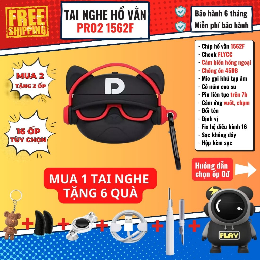 Tai Nghe Pro 2 1562F Hổ Vằn Chống Ồn 45DB Xuyên Âm 80% Pin Trên 7h Vuốt Âm Lượng, Mic Khử Ồn, Cảm Biến Hồng Ngoại