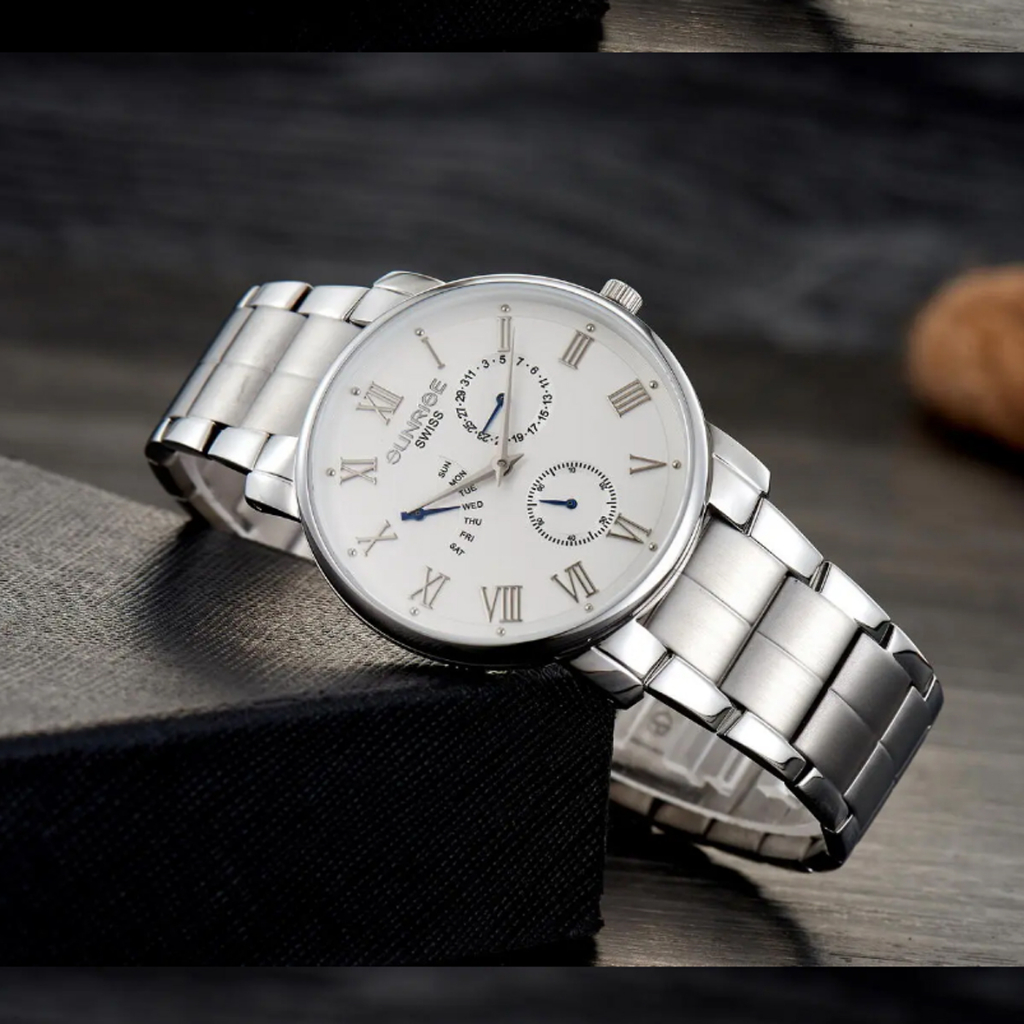 Đồng Hồ Nam Sunrise JAPAN WATCH Thiết Kế Mặt Tròn Đơn Giản Chạy 5 kim Dây Thép Không Gỉ Bạc DM747SWA