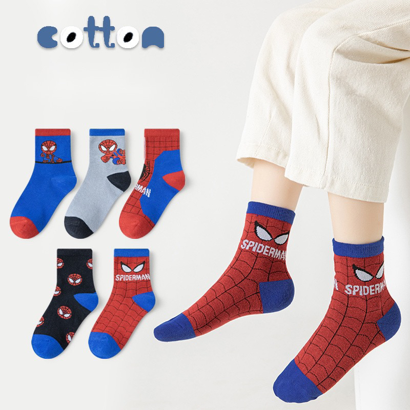Set  5 Đôi Tất Trẻ Em Cổ Cao Chất Cotton Hình Siêu Nhân Nhện Co Dãn Thoáng Khí