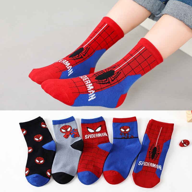 Set  5 Đôi Tất Trẻ Em Cổ Cao Chất Cotton Hình Siêu Nhân Nhện Co Dãn Thoáng Khí