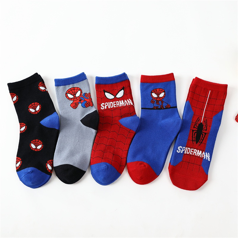 Set  5 Đôi Tất Trẻ Em Cổ Cao Chất Cotton Hình Siêu Nhân Nhện Co Dãn Thoáng Khí