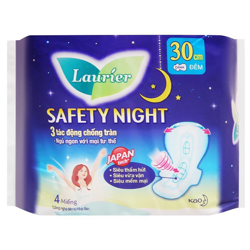 Băng vệ sinh Laurier Safety night Đêm 30cm 8m/4m chống tràn ban đêm