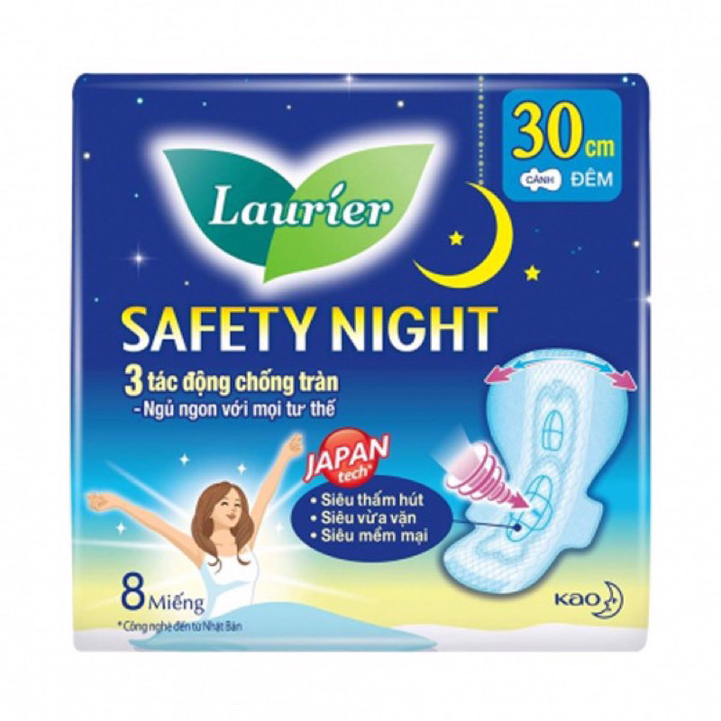 Băng vệ sinh Laurier Safety night Đêm 30cm 8m/4m chống tràn ban đêm
