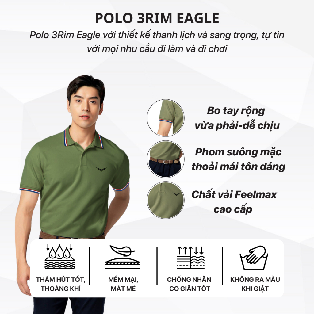 Áo polo nam cao cấp có cổ  SIXMEN 3RIM Eagle - Áo polo vải CVC cotton thoáng mát, sang trọng