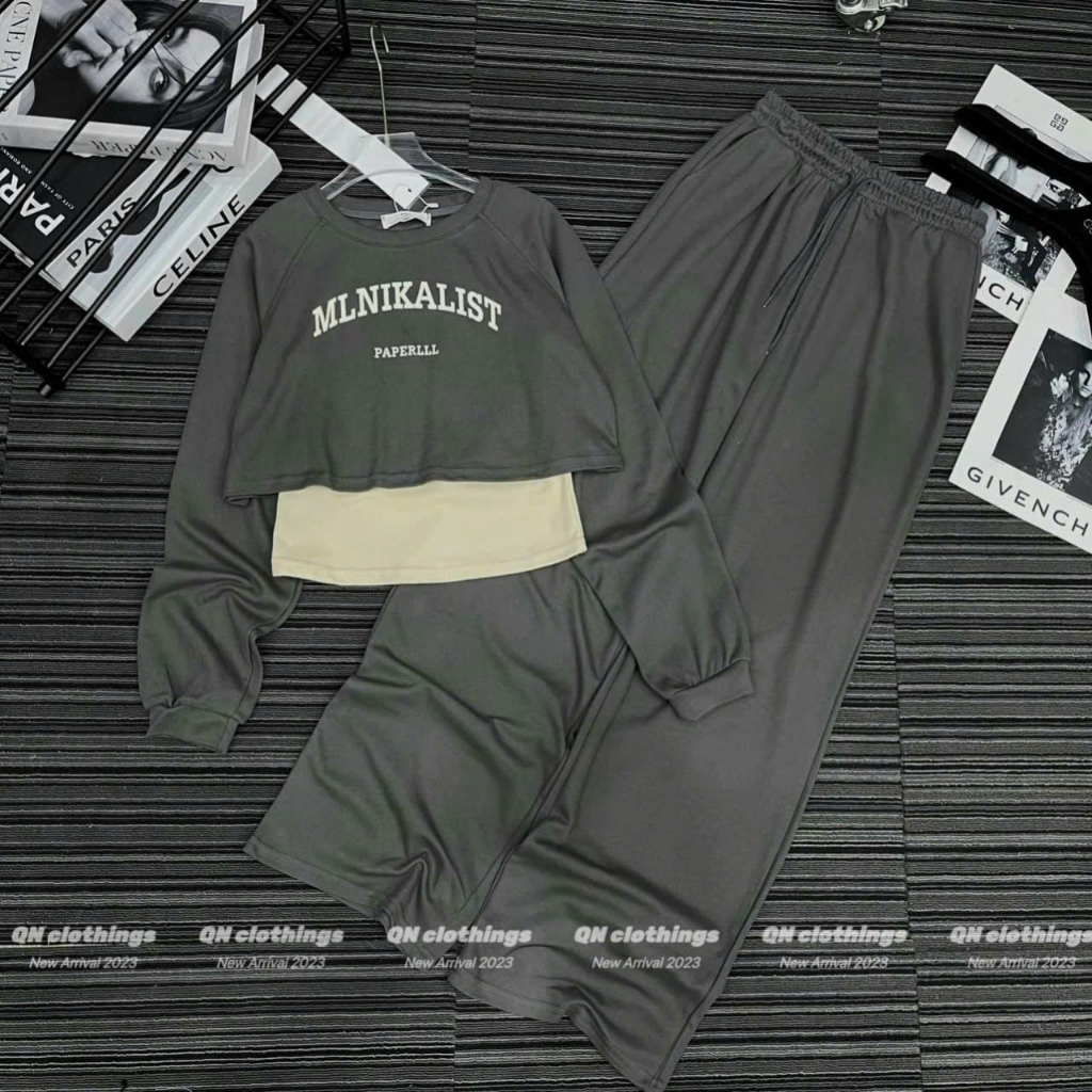 Set Đồ Thu Đông Nữ EVANIA Set 3 Chi Tiết Nữ Quần Ống Suông Rộng Mix Áo Thun Dài Tay, Chất Tăm Hàn 3 Màu Nâu Xám Đen B226