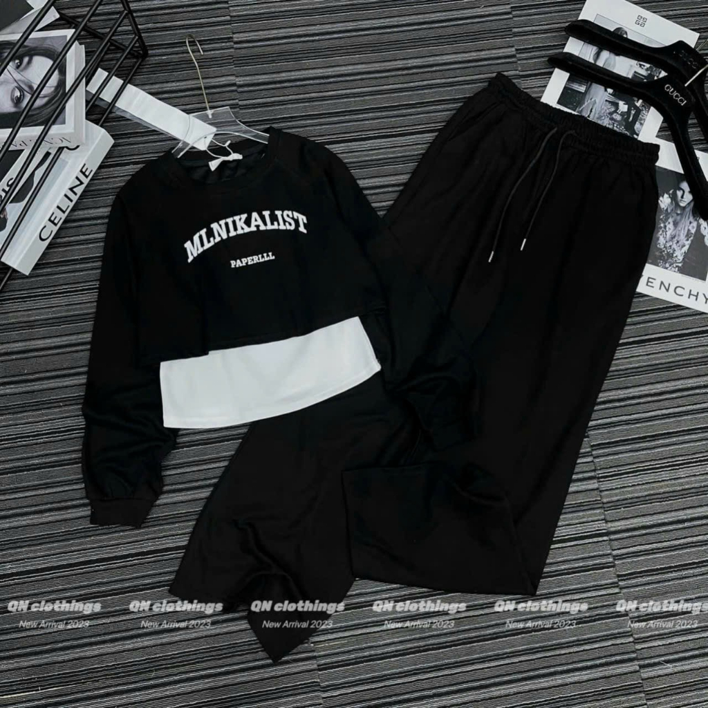 Set Đồ Thu Đông Nữ EVANIA Set 3 Chi Tiết Nữ Quần Ống Suông Rộng Mix Áo Thun Dài Tay, Chất Tăm Hàn 3 Màu Nâu Xám Đen B226