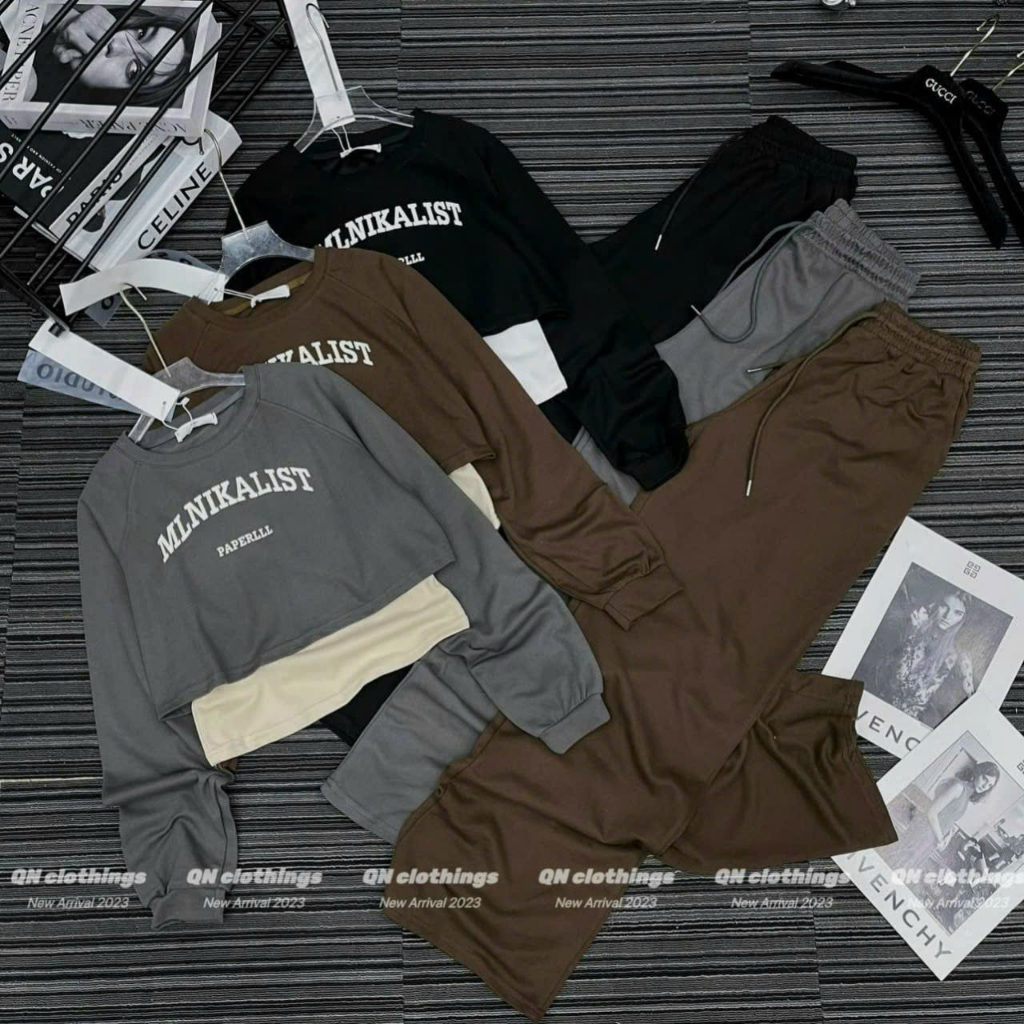 Set Đồ Thu Đông Nữ EVANIA Set 3 Chi Tiết Nữ Quần Ống Suông Rộng Mix Áo Thun Dài Tay, Chất Tăm Hàn 3 Màu Nâu Xám Đen B226