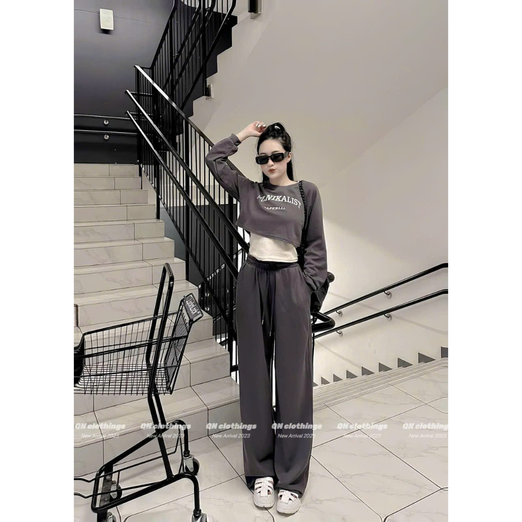 Set Đồ Thu Đông Nữ EVANIA Set 3 Chi Tiết Nữ Quần Ống Suông Rộng Mix Áo Thun Dài Tay, Chất Tăm Hàn 3 Màu Nâu Xám Đen B226