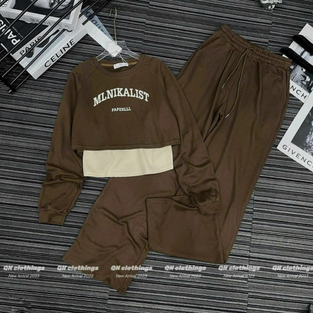 Set Đồ Thu Đông Nữ EVANIA Set 3 Chi Tiết Nữ Quần Ống Suông Rộng Mix Áo Thun Dài Tay, Chất Tăm Hàn 3 Màu Nâu Xám Đen B226