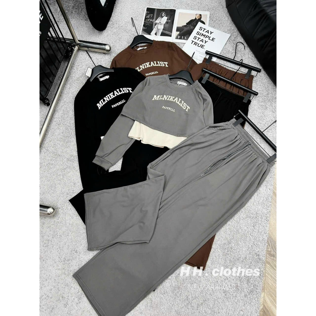 Set Đồ Thu Đông Nữ EVANIA Set 3 Chi Tiết Nữ Quần Ống Suông Rộng Mix Áo Thun Dài Tay, Chất Tăm Hàn 3 Màu Nâu Xám Đen B226