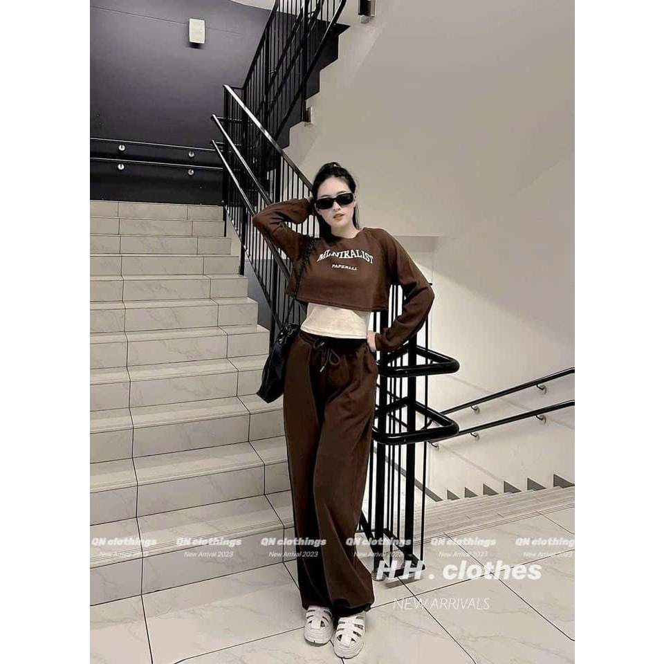 Set Đồ Thu Đông Nữ EVANIA Set 3 Chi Tiết Nữ Quần Ống Suông Rộng Mix Áo Thun Dài Tay, Chất Tăm Hàn 3 Màu Nâu Xám Đen B226