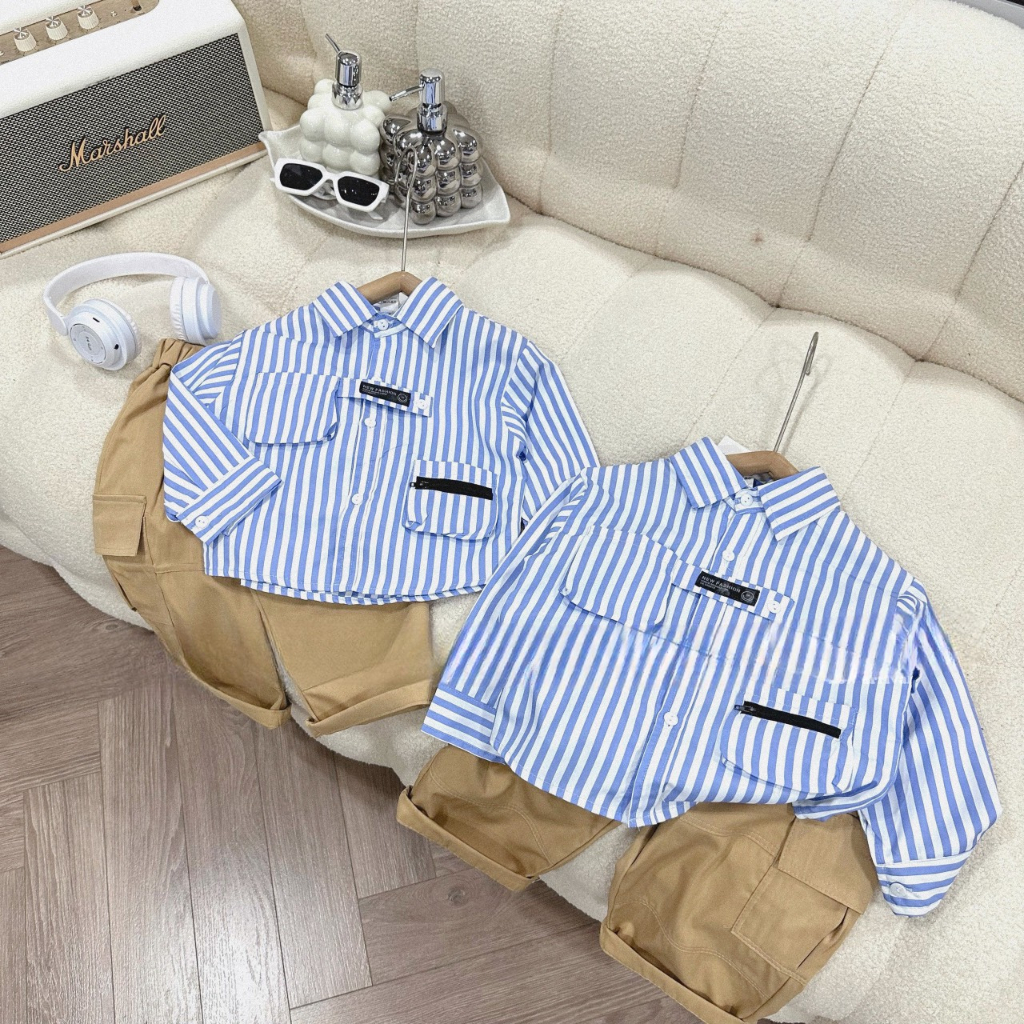 Áo sơ mi bé trai, set bộ áo sơ mi kẻ xanh dương phối quần kaki ông rộng sành điệu cho bé 12-30kg