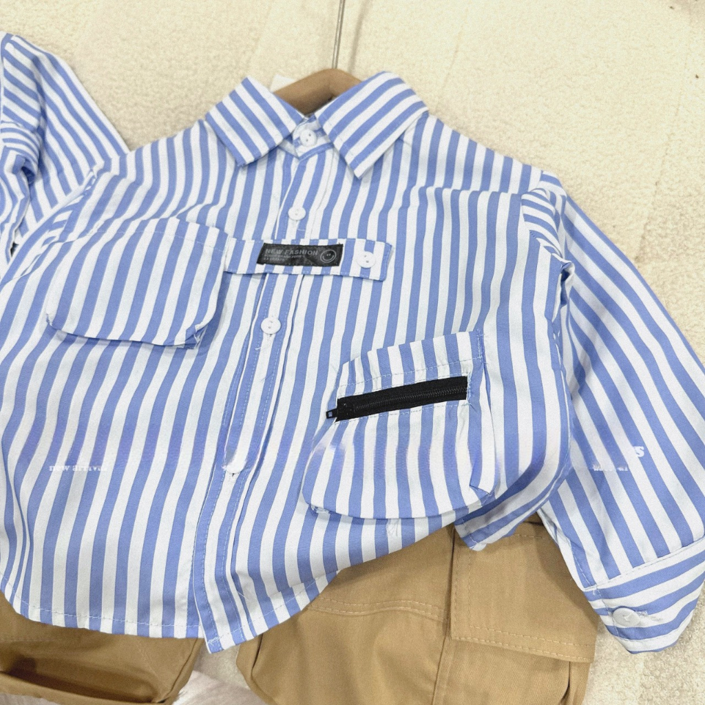 Áo sơ mi bé trai, set bộ áo sơ mi kẻ xanh dương phối quần kaki ông rộng sành điệu cho bé 12-30kg