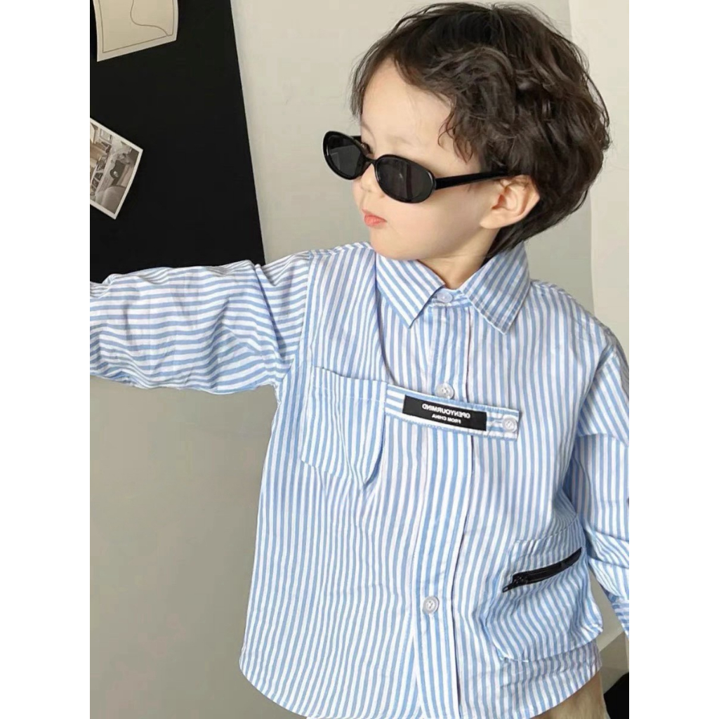 Áo sơ mi bé trai, set bộ áo sơ mi kẻ xanh dương phối quần kaki ông rộng sành điệu cho bé 12-30kg