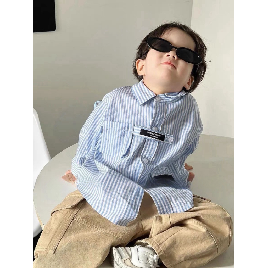 Áo sơ mi bé trai, set bộ áo sơ mi kẻ xanh dương phối quần kaki ông rộng sành điệu cho bé 12-30kg