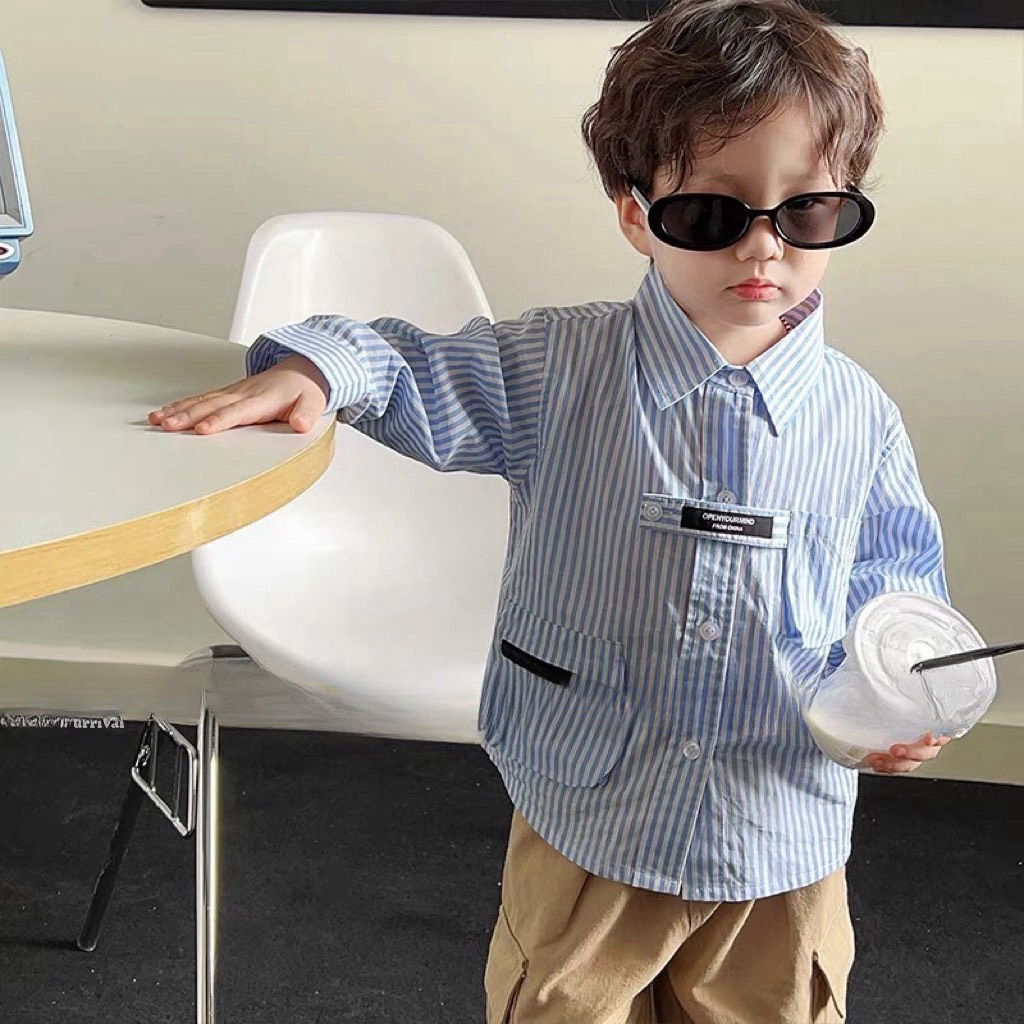 Áo sơ mi bé trai, set bộ áo sơ mi kẻ xanh dương phối quần kaki ông rộng sành điệu cho bé 12-30kg