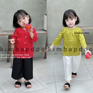Bộ bà ba tay dài cho bé gái áo gấm quần lụa satin xinh xắn