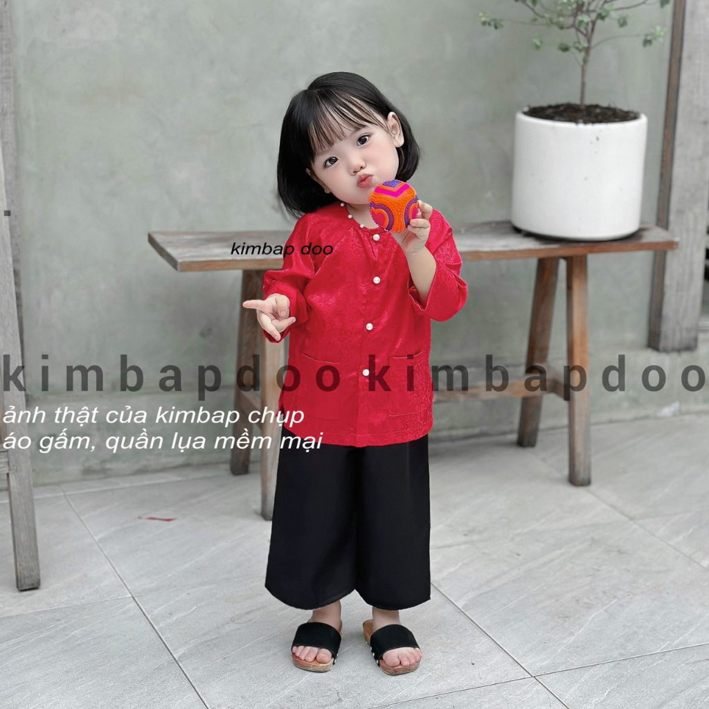 Bộ bà ba tay dài cho bé gái áo gấm quần lụa satin xinh xắn