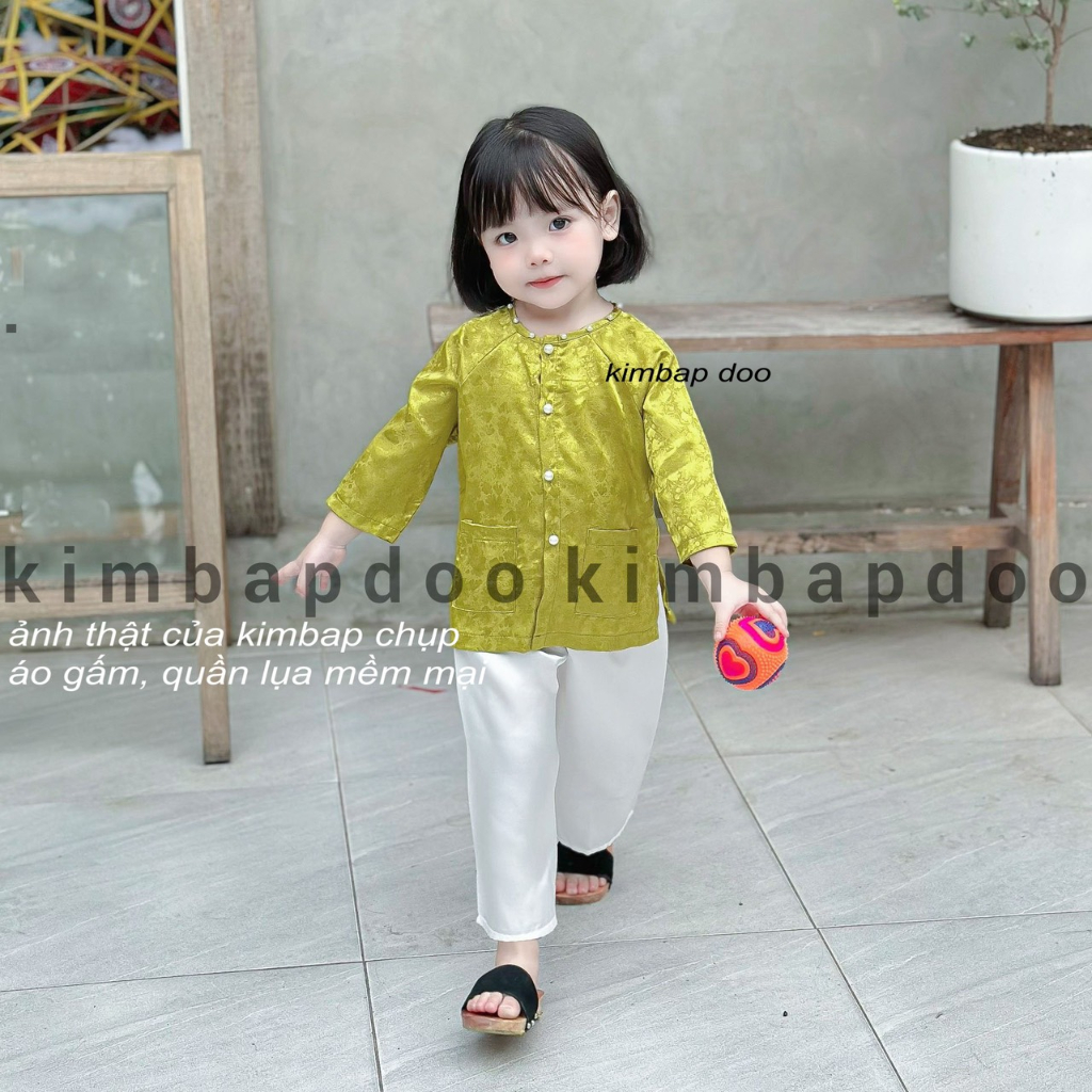 Bộ bà ba tay dài cho bé gái áo gấm quần lụa satin xinh xắn