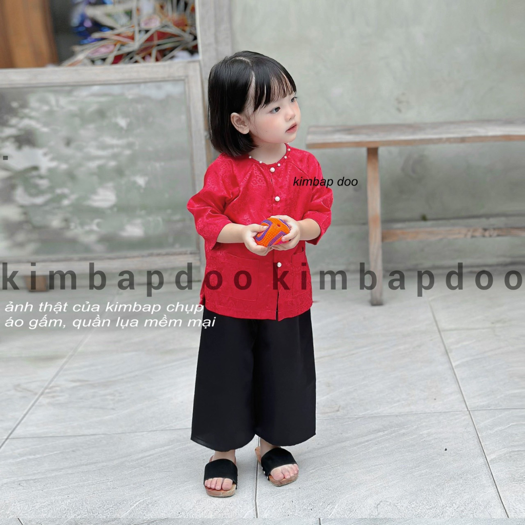 Bộ bà ba tay dài cho bé gái áo gấm quần lụa satin xinh xắn