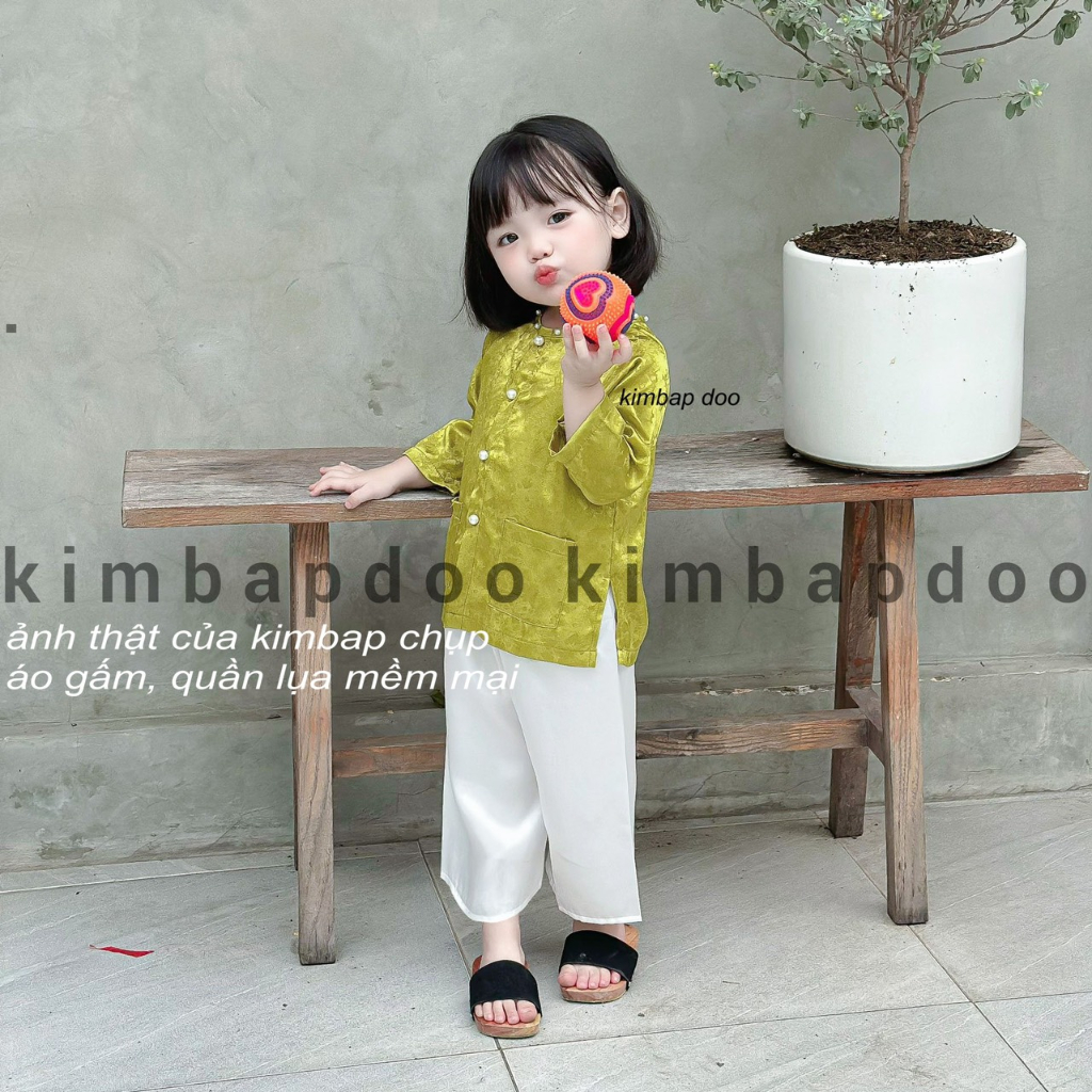 Bộ bà ba tay dài cho bé gái áo gấm quần lụa satin xinh xắn