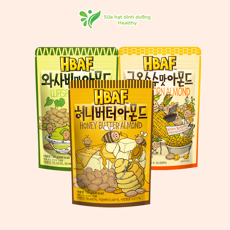 Hạt Hạnh Nhân Tẩm Vị HBAF Hàn Quốc Các Vị (Gói 120g)