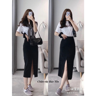 Chân váy dài đắp tà xẻ giữa - M99