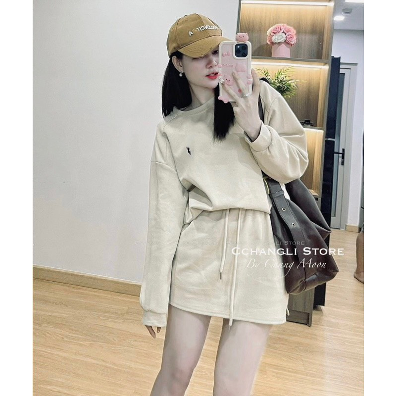 Set đồ nữ Sét áo thụng thêu logo chất umi dày dặn mix chân váy chữ  A năng động