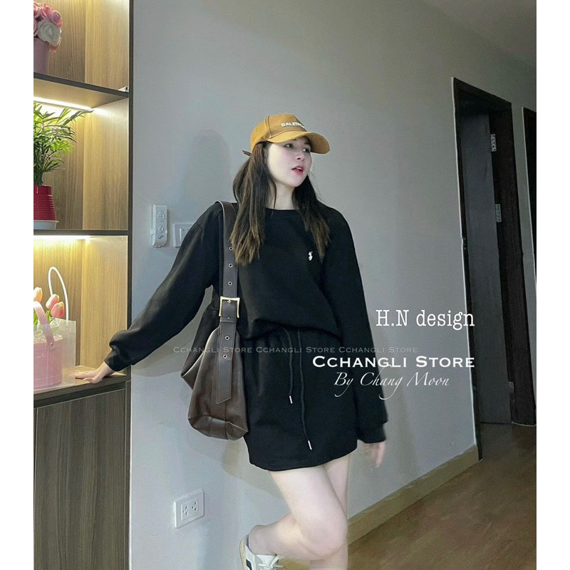 Set đồ nữ Sét áo thụng thêu logo chất umi dày dặn mix chân váy chữ  A năng động