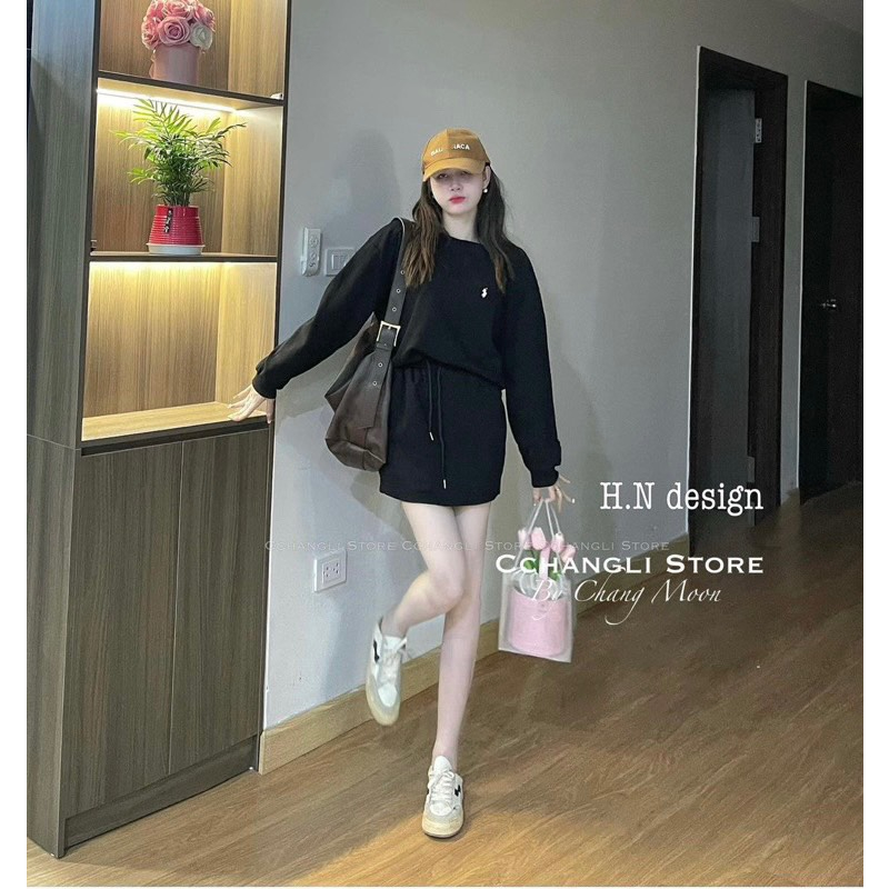 Set đồ nữ Sét áo thụng thêu logo chất umi dày dặn mix chân váy chữ  A năng động