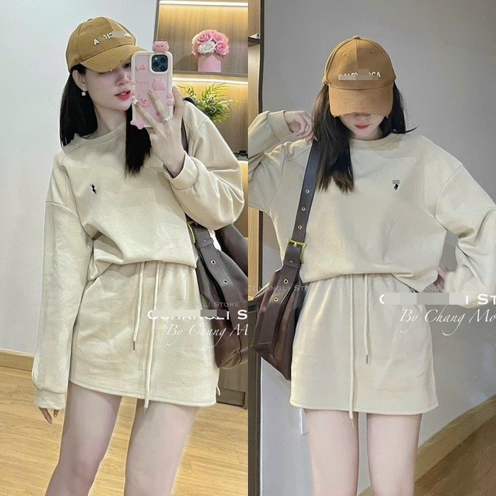 Set đồ nữ Sét áo thụng thêu logo chất umi dày dặn mix chân váy chữ  A năng động