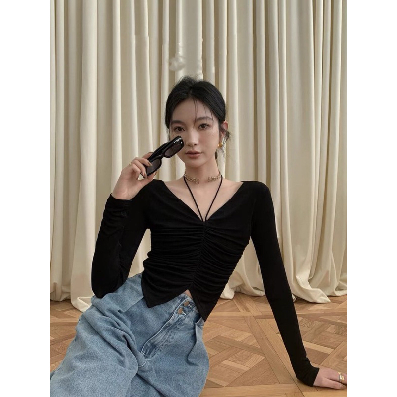 Áo thun dài tay dáng ôm cổ yếm rút dây chất thun tăm_Linhchi.studio