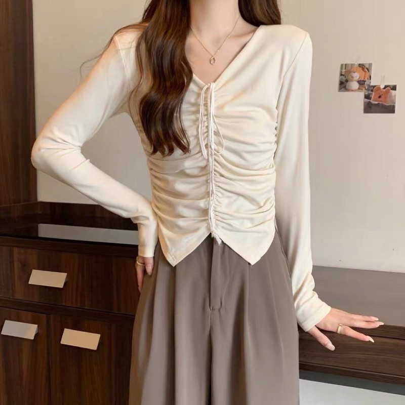 Áo thun dài tay dáng ôm cổ yếm rút dây chất thun tăm_Linhchi.studio