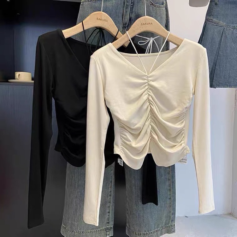 Áo thun dài tay dáng ôm cổ yếm rút dây chất thun tăm_Linhchi.studio