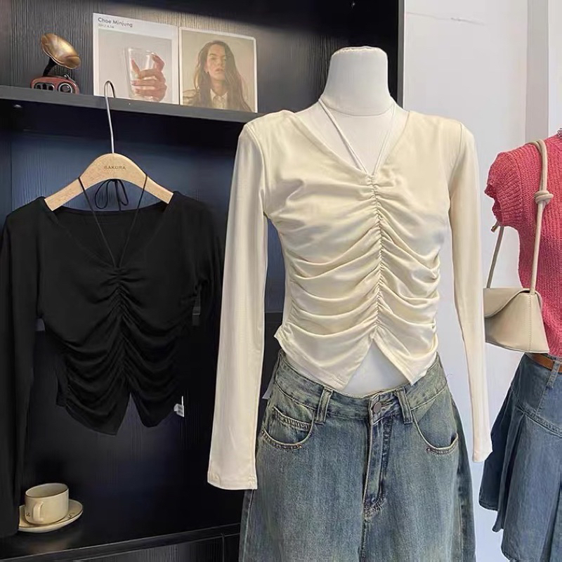 Áo thun dài tay dáng ôm cổ yếm rút dây chất thun tăm_Linhchi.studio