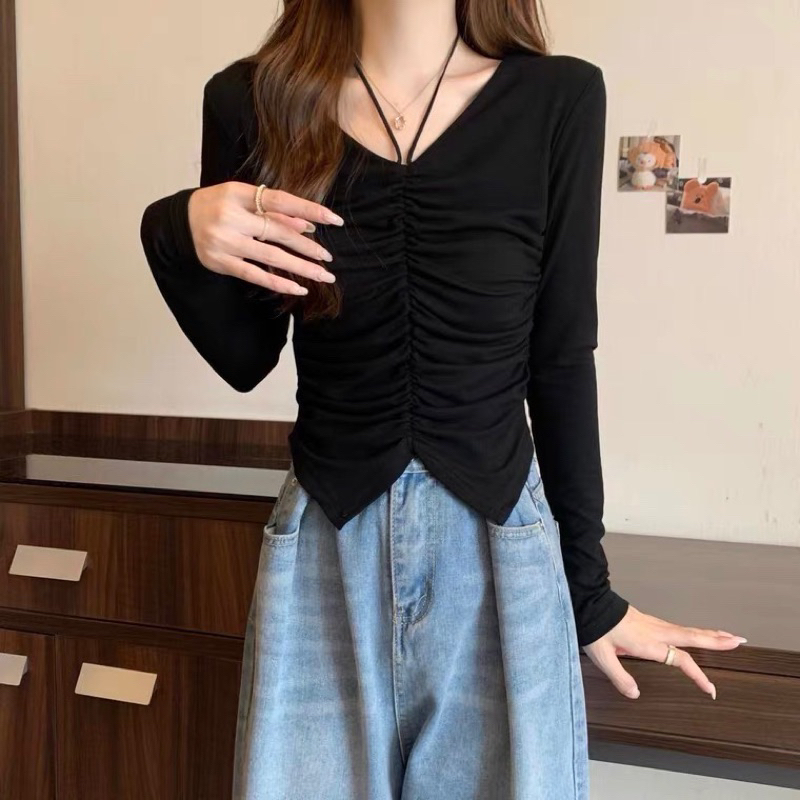 Áo thun dài tay dáng ôm cổ yếm rút dây chất thun tăm_Linhchi.studio