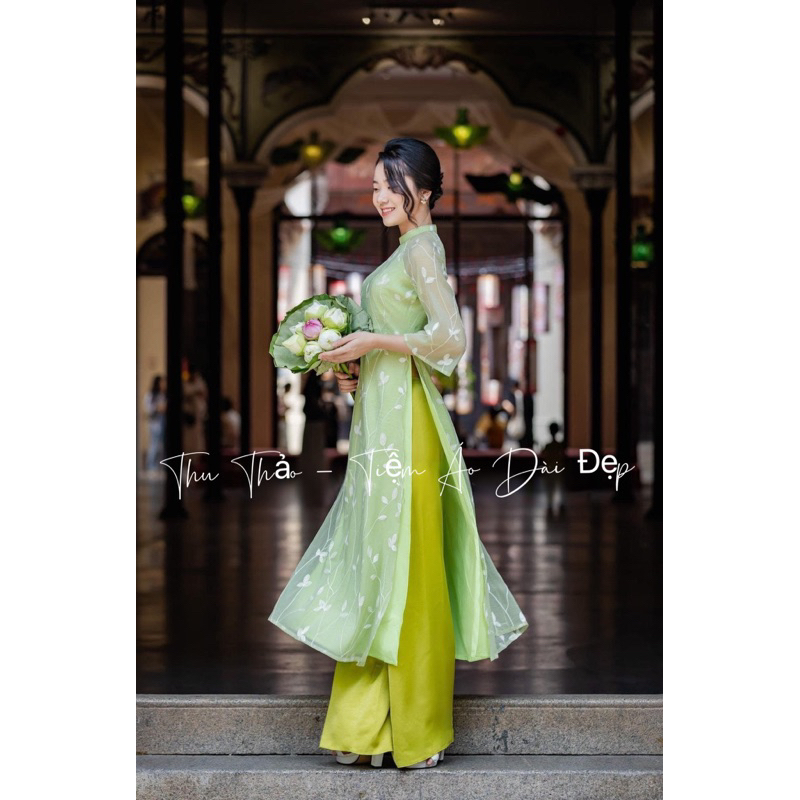 Áo Dài Xuông An Vy Tay Loe Lỡ Cao Cấp ,Áo Dài Cách Tân 4 Tà Suông Thêu Trẻ Trung Tôn Dáng