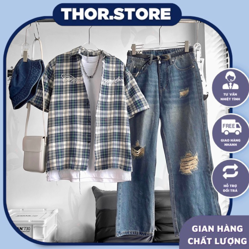 Set phối sẵn unisex,áo sơmi feel+jean rách ống rộng (có bán lẻ)