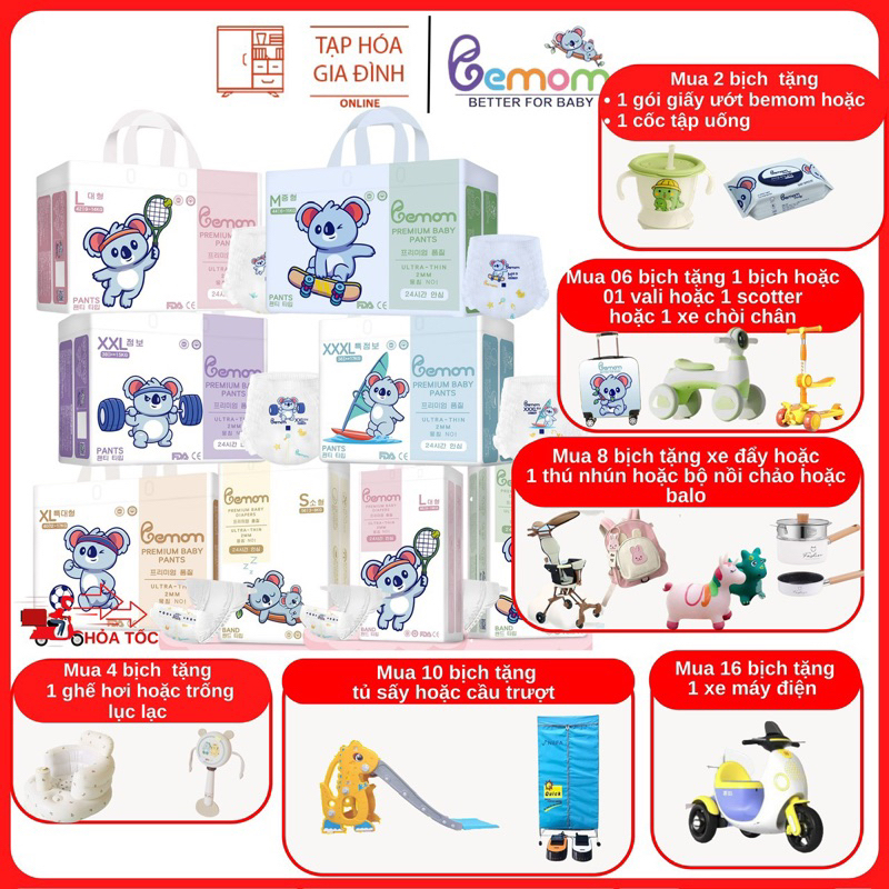 Tã dán bỉm quần bemom Hàn Quốc mỏng mềm mịn thấm hút siêu tốt đủ size dán S56/M48/L46, quần M44/L42/XL40/XXL38/3XL36