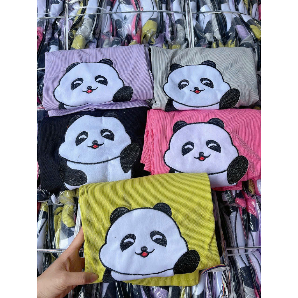 Set Bộ Tăm Lạnh Thêu Gấu Trúc Dễ Thương Mix Quần Dài Suông Ống Rộng Có Dây Rút