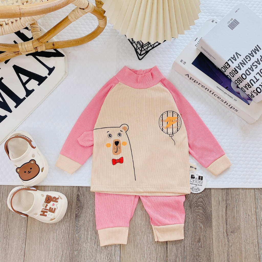 Bộ Dài Tay Thu Đông Gân Tăm Cổ 3 Phân Cho Bé Trai, Bé Gái