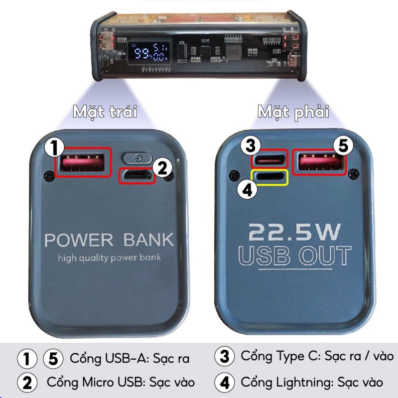 Sạc Dự Phòng 20000 mAh,8 PIN 18650 Hình Trụ,Sạc Nhanh PD 22,5W-Bảo Hành 12 Tháng