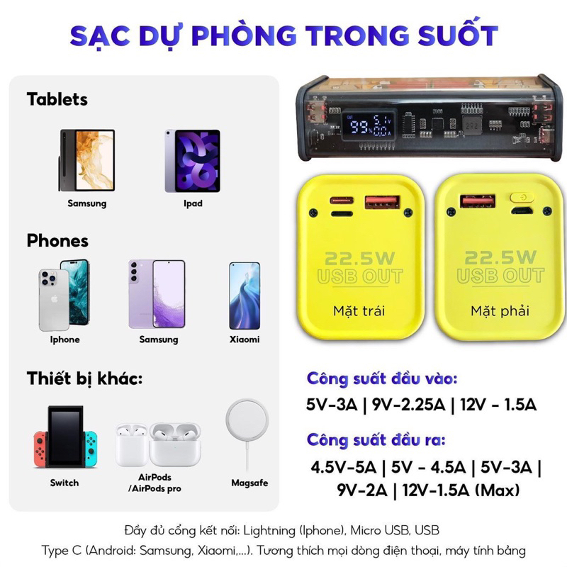 Sạc Dự Phòng 20000 mAh,8 PIN 18650 Hình Trụ,Sạc Nhanh PD 22,5W-Bảo Hành 12 Tháng