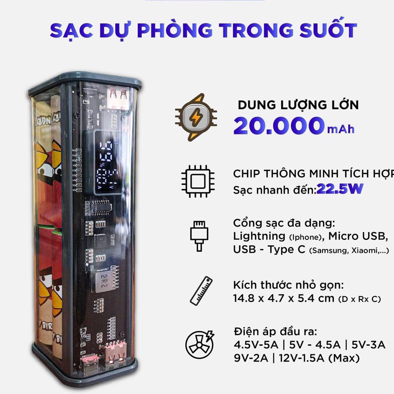 Sạc Dự Phòng 20000 mAh,8 PIN 18650 Hình Trụ,Sạc Nhanh PD 22,5W-Bảo Hành 12 Tháng