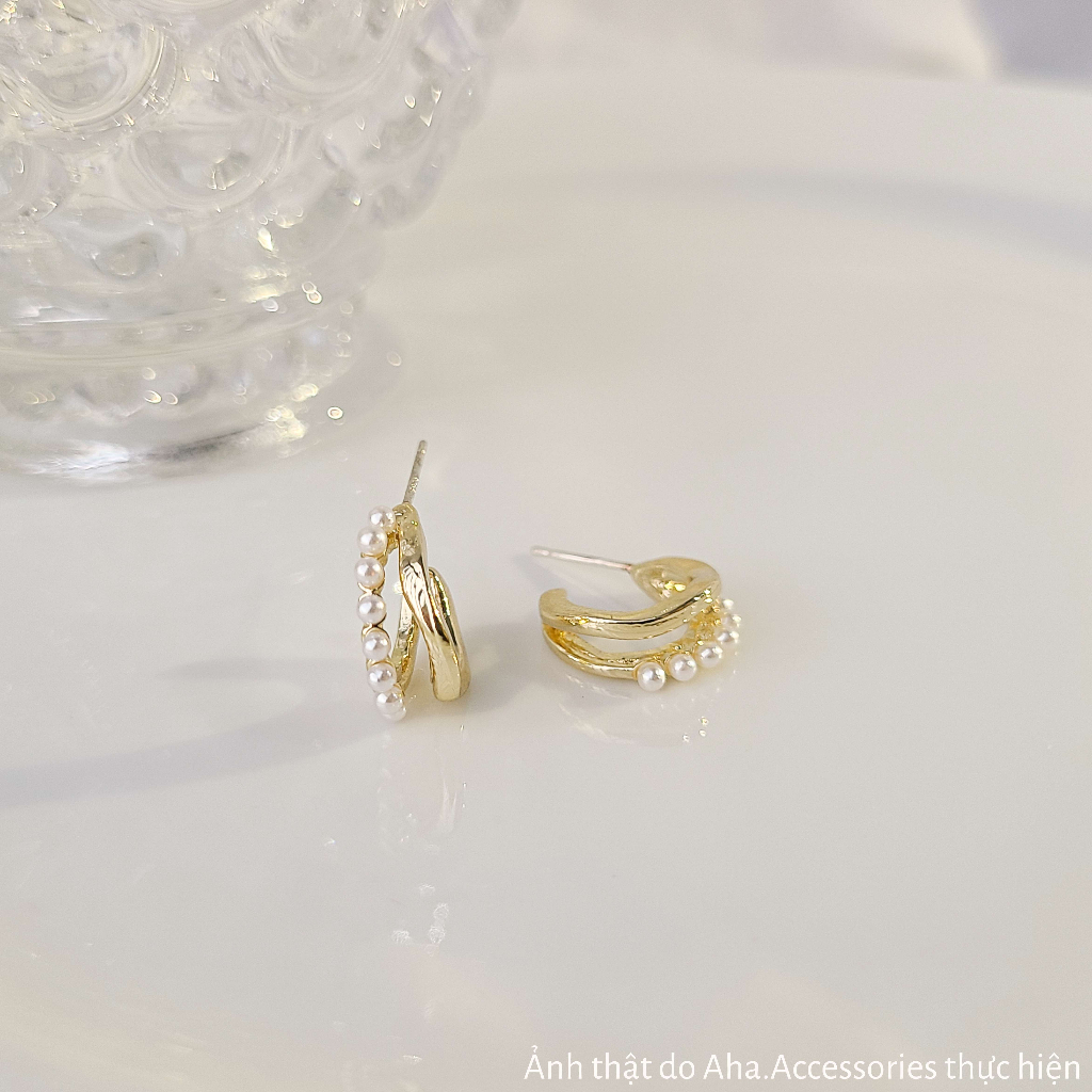 Bông tai nữ Khuyên tai chữ C gợn sóng đính chuối ngọc trai nhân tạo Aha.Accessories KNT1