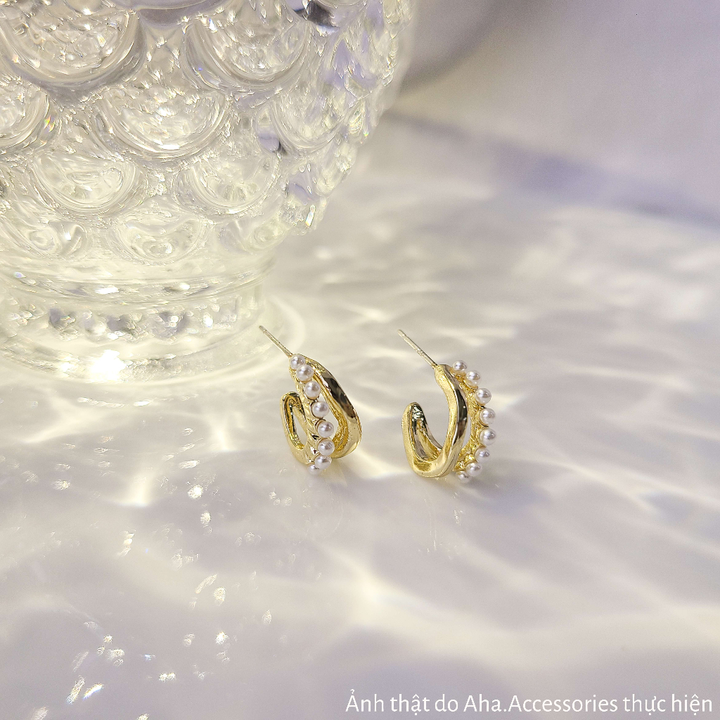 Bông tai nữ Khuyên tai chữ C gợn sóng đính chuối ngọc trai nhân tạo Aha.Accessories KNT1