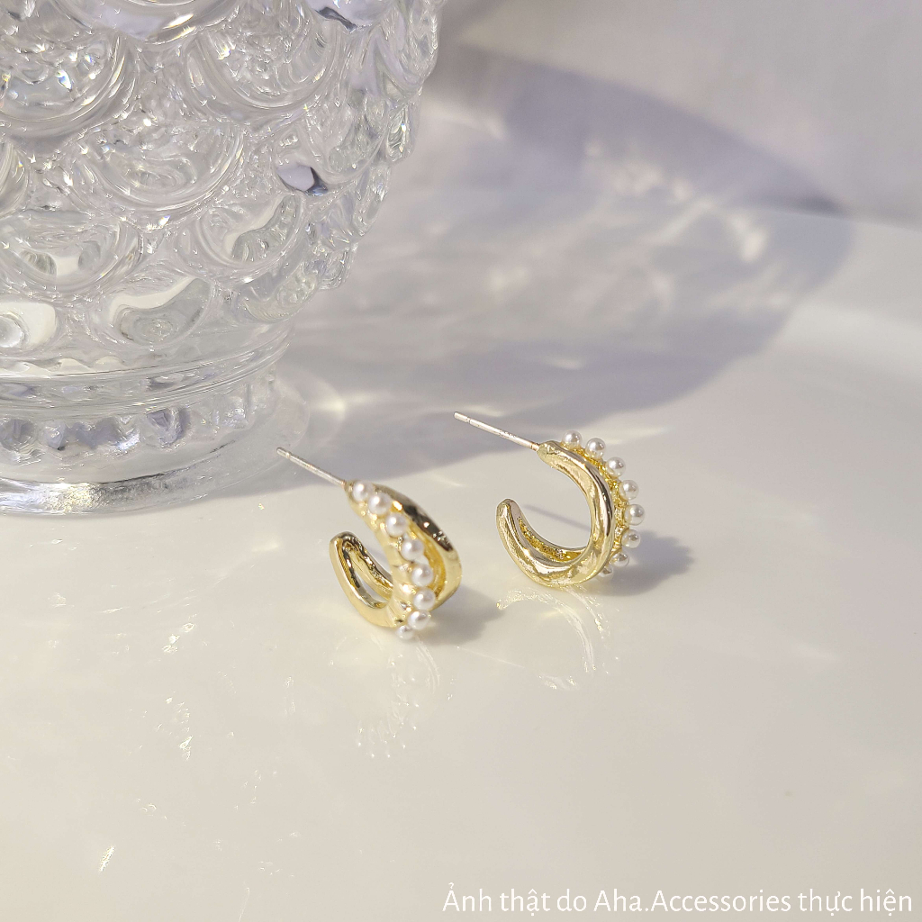 Bông tai nữ Khuyên tai chữ C gợn sóng đính chuối ngọc trai nhân tạo Aha.Accessories KNT1