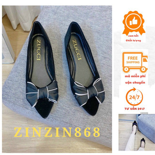 Giày nữ- giày nỉ nhung mũi nhọn gắn nơ- giày nhung nơ- giày búp bê