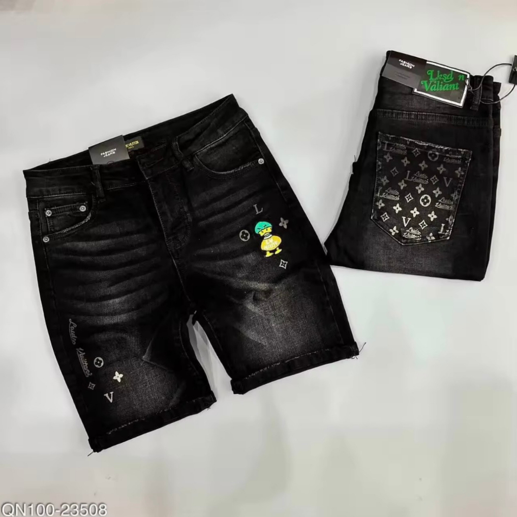 Quần short jean nam cao cấp short jean đen thêu phối logo nổi cao cấp phong cách